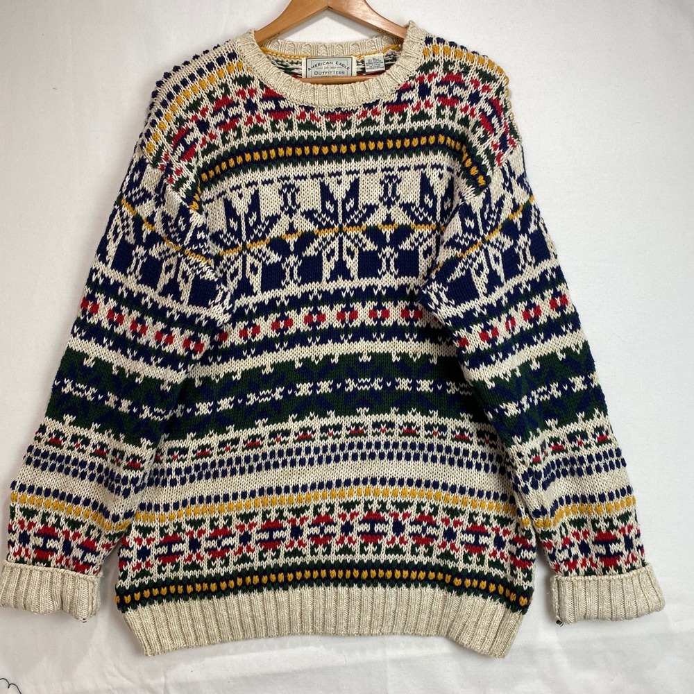 VTG Rare American Eagle Outfitters Fair Isle Sweater Mens Large Multi Snowflake